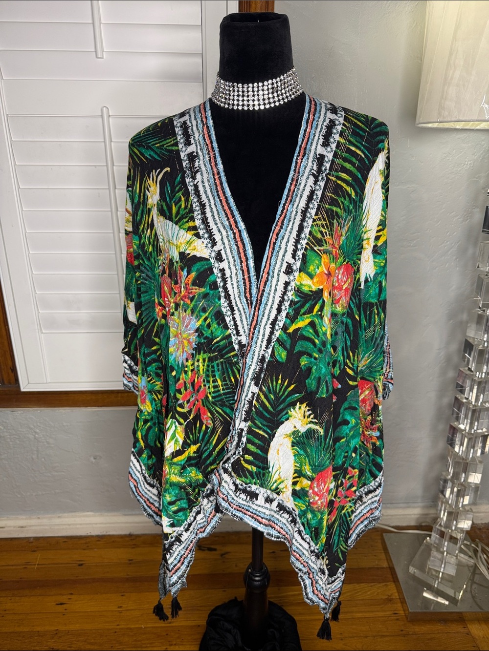 Tropical Print Open Front Kimono Jacket - Green Floral